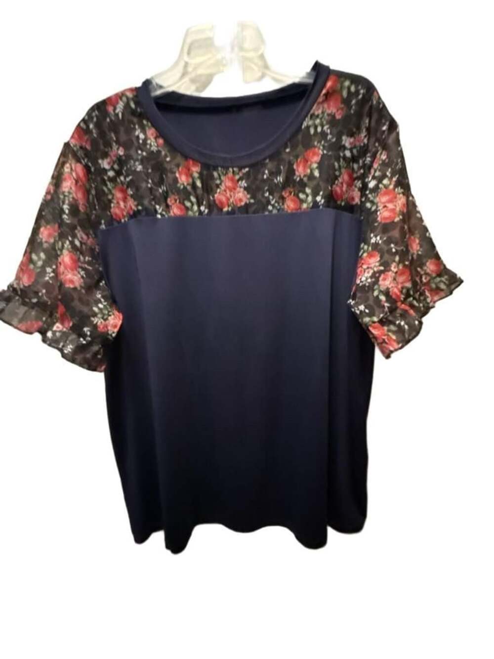 Unbranded Floral Mesh Patchwork Ruffle Sleeve Top Size 4XL Navy Blue